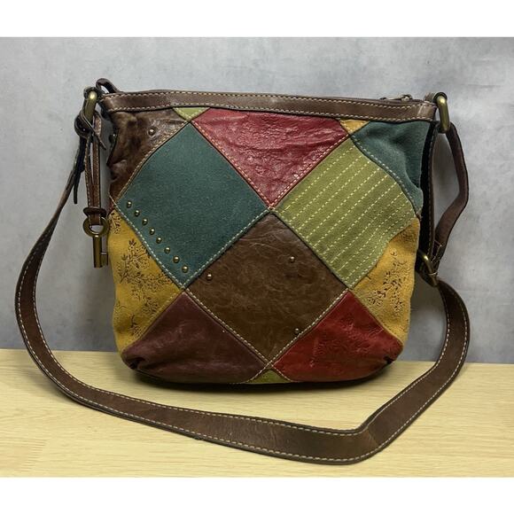 Fossil Multicolor Patches Suede w/ Tooled Floral Crossbody Bag Slingback - Picture 2 of 13